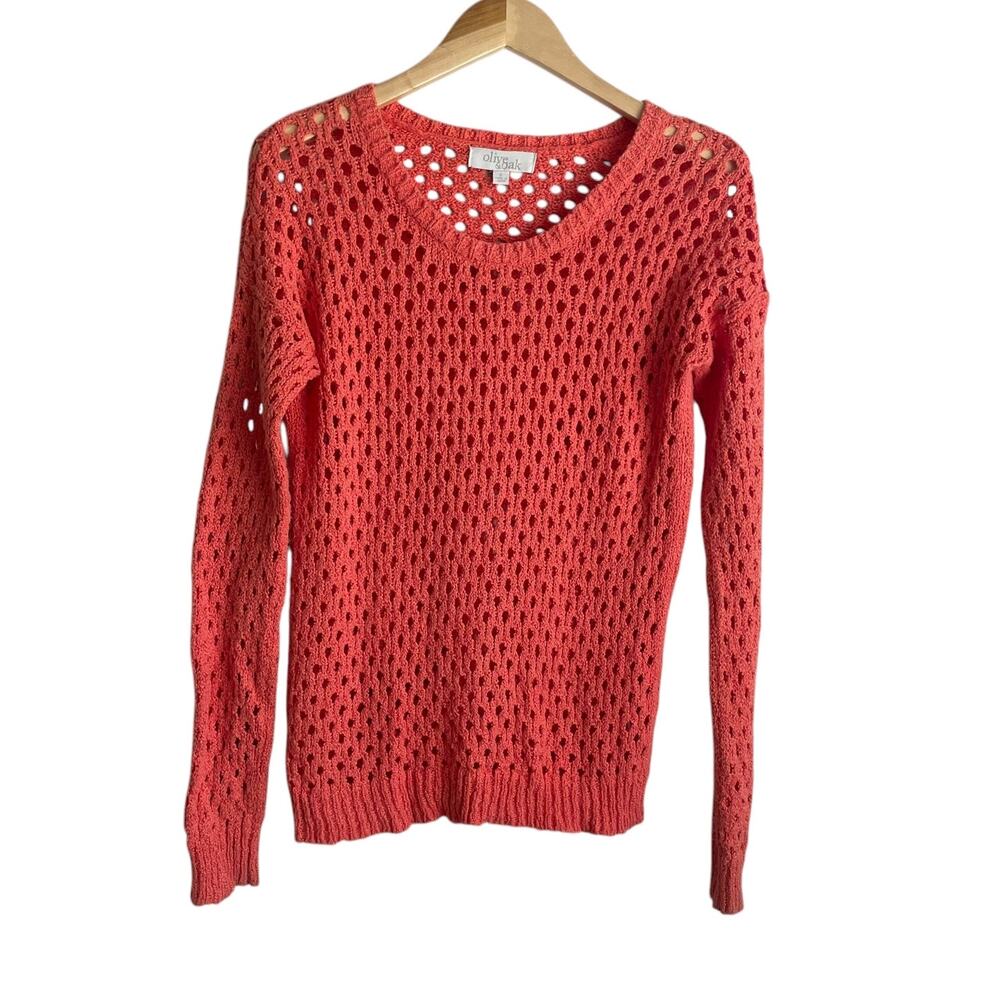 Olive & Oak Women Sweater S Orange‎ Open Knit Beachy Coastal Boho Cottage Chic